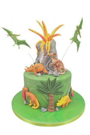 Dinosaurs and volcano birthday cake