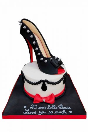 3 tier designer cake . Louis Vuitton high heel topper, Gucci top