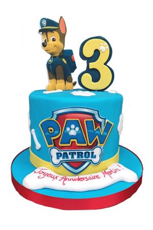 a blue cake with Paw Patrol character on top